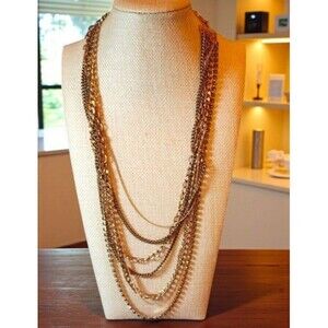 Stella & Dot Gold Layered Necklace Waterfall Chains Mixed Link Crystal Statement